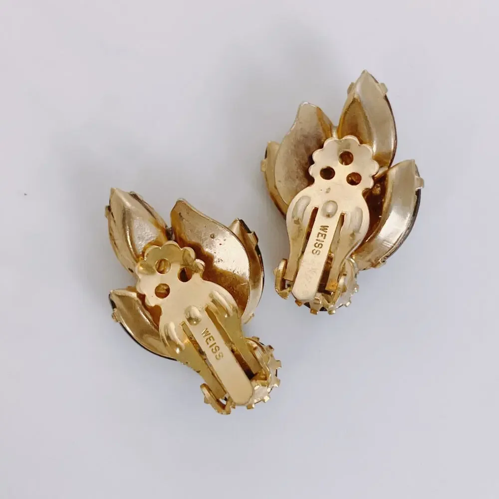 Vintage Signed Weiss Mid Century Rhinestone Clip Earrings Blue Gray Leaf Spray